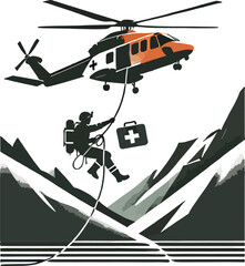 Rescue helicopter scene with paramedic and medical kit in mountainous region vector illustration © saiful