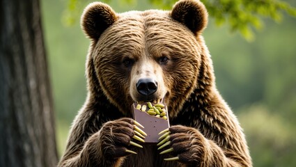 Obraz premium A close-up of a brown bear munching on a box of snacks, surrounded by a lush green forest background