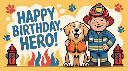 Fototapeta premium Happy birthday greeting featuring a cartoon firefighter and adorable dog