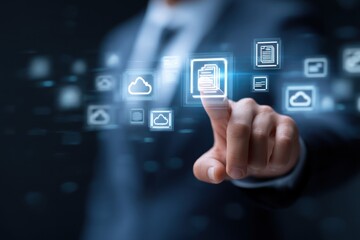 Businessman Using Digital Touchscreen to Access Cloud Files