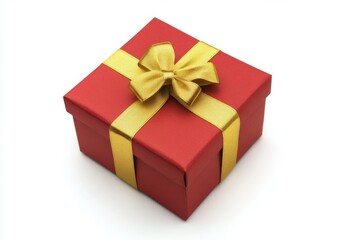 Obraz premium A red gift box with a gold ribbon and bow sits on a white background, perfect for celebratory occasions. : Generative AI