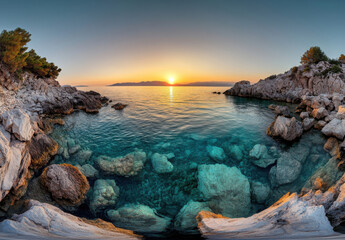 Serene sunset over a tranquil cove, clear turquoise water laps gently against sun-kissed rocks, creating a picturesque Mediterranean seascape. : Generative AI