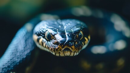 Fototapeta premium Close-up portrait of black snake with intense yellow eyes shows detailed scales, menacing look in natural dark habitat
