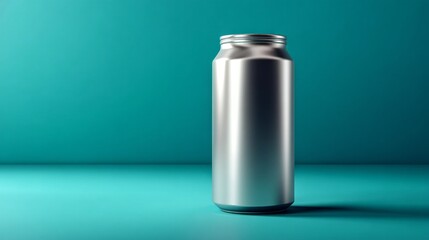 A solitary aluminum beverage can stands upright on a smooth surface, casting subtle reflections. The backdrop is a calming light teal, enhancing the can's metallic finish