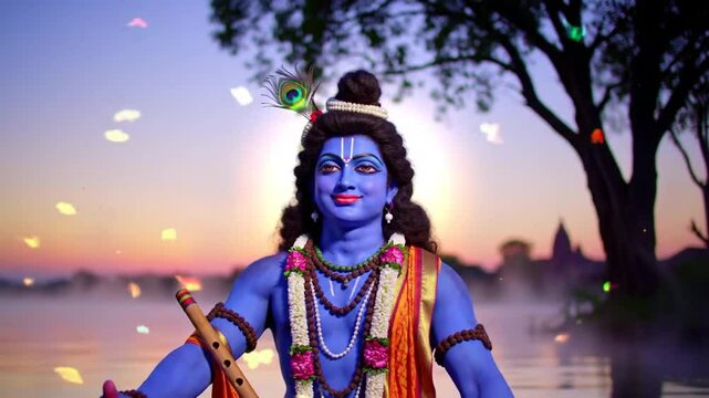 Krishna meditating calmly by Yamuna River