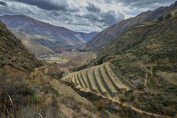Ancient Inca Ruins of Pisac with Dramatic Mountain Landscape, Sacred Valley, Peru