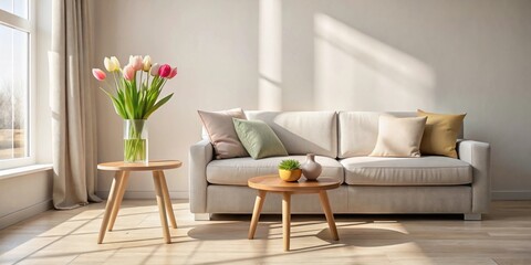 Sunlight streams into a modern living room, illuminating a light beige sofa with soft throw pillows, wooden side tables, and a vase of tulips.