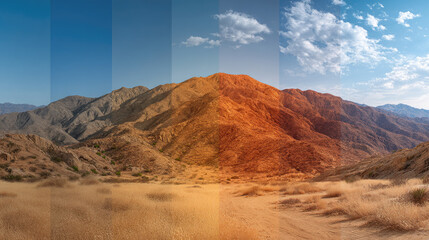 Naklejka premium A mountain landscape under a partly cloudy sky, shown with various color tones and lighting effects.