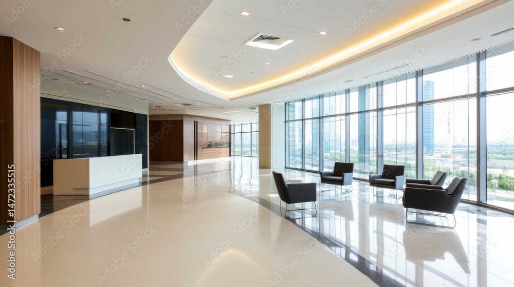 Aufkleber modern office lobby with large windows showcasing a city view, featuring a sleek reception desk and 