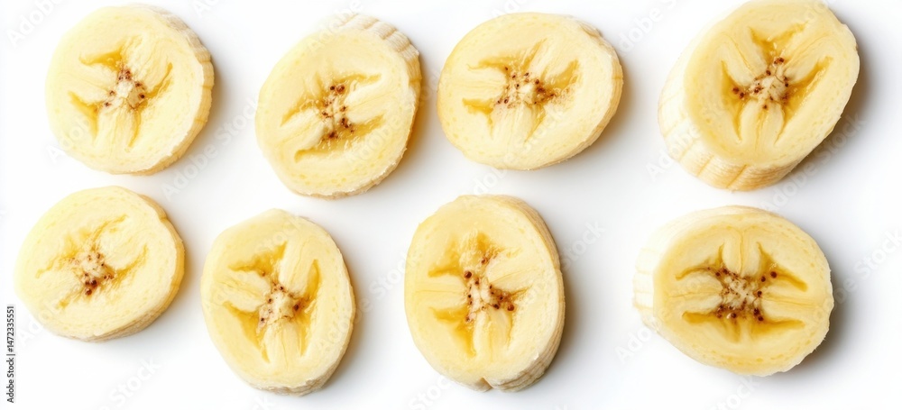 Aufkleber Eight slices of ripe banana arranged in a grid pattern on a white background, showcasing their creamy yellow color and distinct texture. : Generative AI