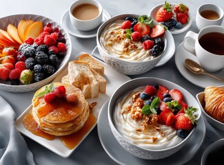 Delicious breakfast spread featuring fluffy pancakes, fresh berries, yogurt bowls, and coffee, perfect for a joyful morning gathering and cheerful brunch celebration.