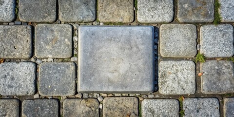 Fototapeta premium A Single Light Gray Square Stone Paver Set Within a Pattern of Darker Gray Stone Paving Stones