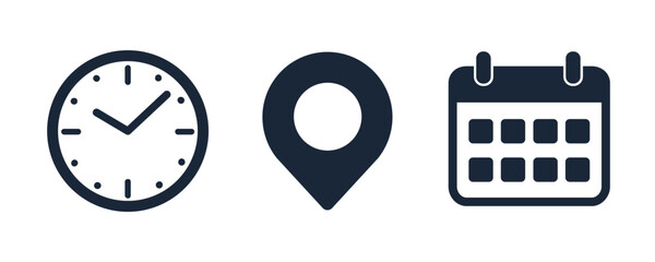 Date, time and address icon set, reminder calendar, clock, stopwatch timer, location pin signs, business schedule signs - vector