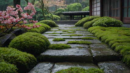 Light spring rain falling on a moss-covered stone path in a Japanese garden surrounded by green plants and scattered sakura petals of early morning