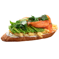 Isolated breakfast toast with salmon scramble and avocado