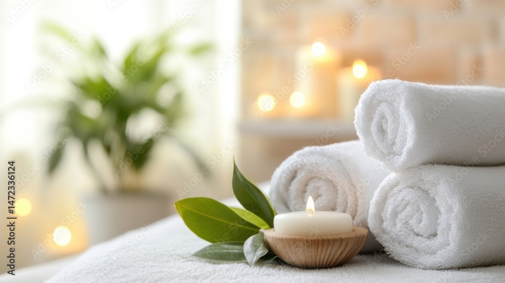 Poster serene spa setting: white towels, lit candle, and green leaves arranged on a massage table, creating