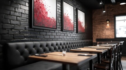 A modern restaurant interior with black brick walls, wooden tables, leather seating, and abstract red artwork.