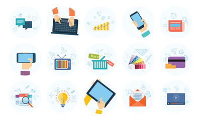 flat vector illustration business marketing icon set design concept. shopping online. email. video commerce