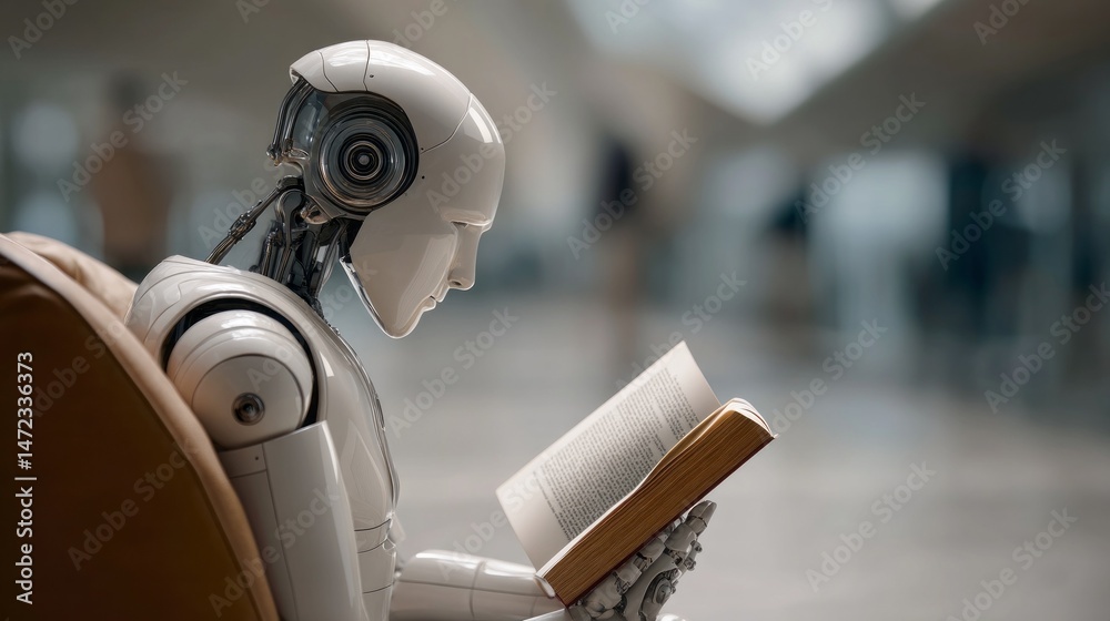 Poster a robot sits comfortably in a modern indoor environment, focused intently on reading a book. this un