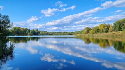 Serene lake reflecting a vibrant autumn sky, surrounded by lush green and yellow trees, a picturesque landscape. : Generative AI