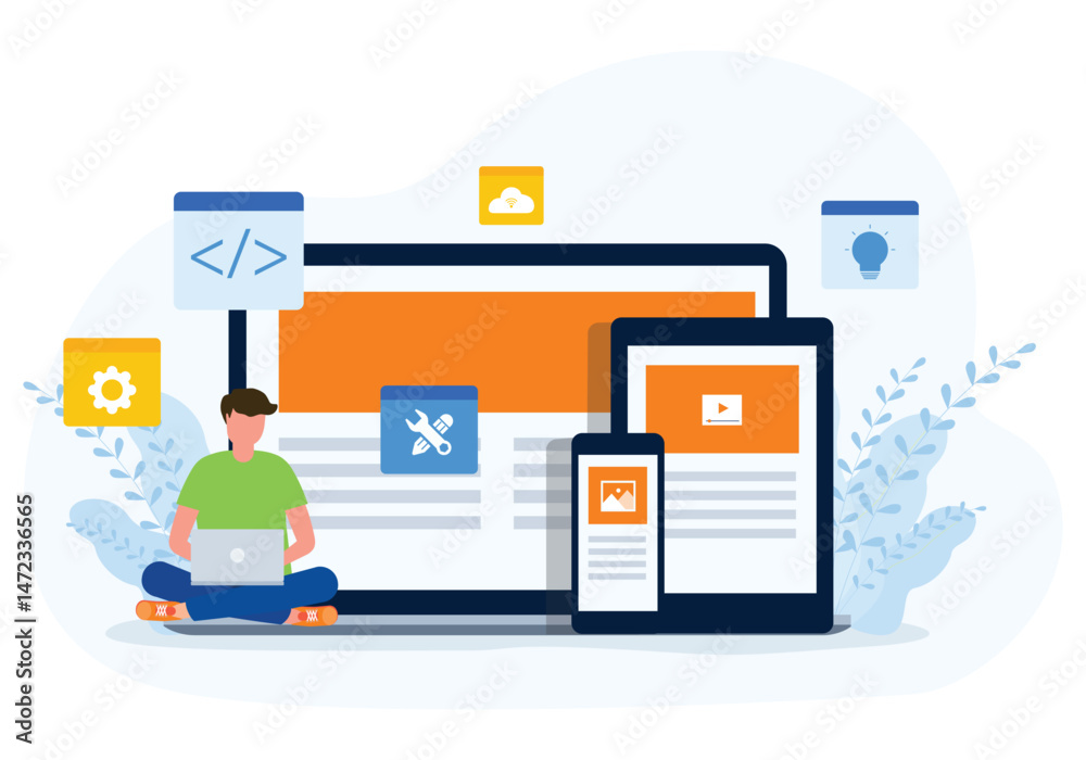 Leinwandbilder flat vector design web development and application developer working computer laptop and mobile device
