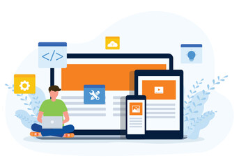 flat vector design web development and application developer working computer laptop and mobile device
