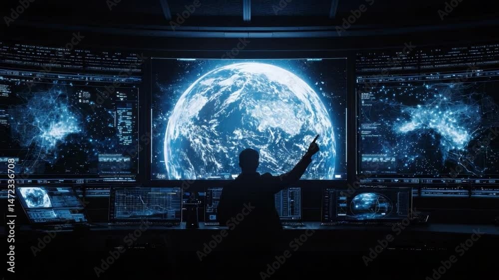 Wall mural futuristic control room with digital displays showcasing earth and space data in a high-tech environ
