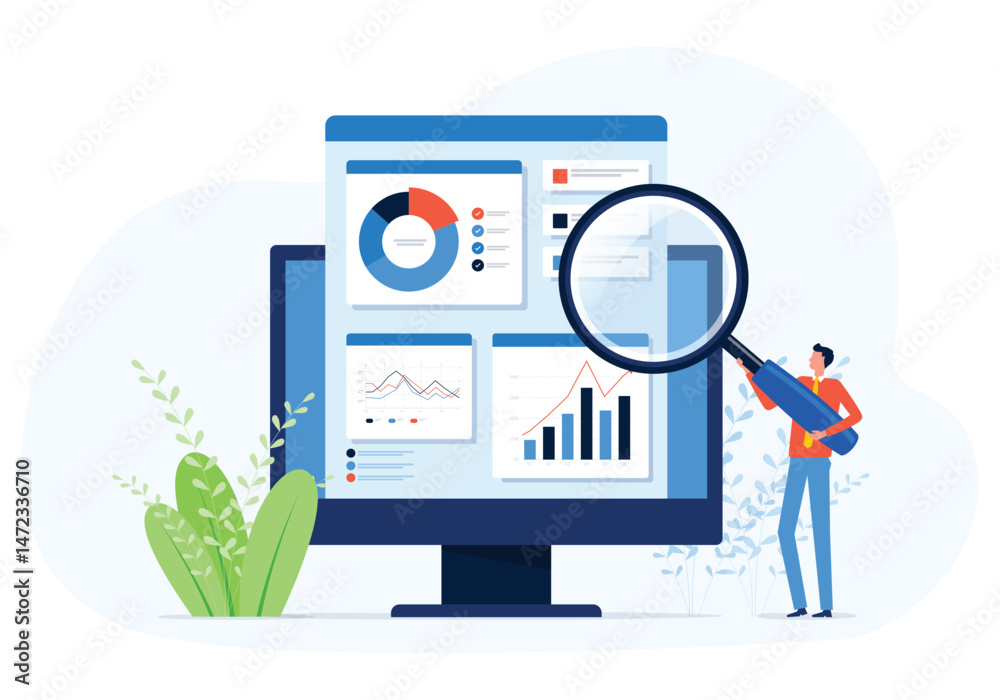 Poster businessman working for data analytics and monitoring on report dashboard monitor and business finan