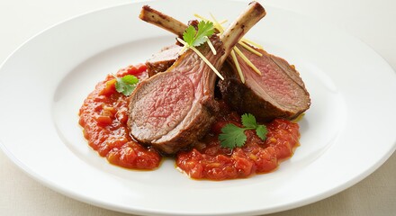 Lamb chops with tomato sauce on plate