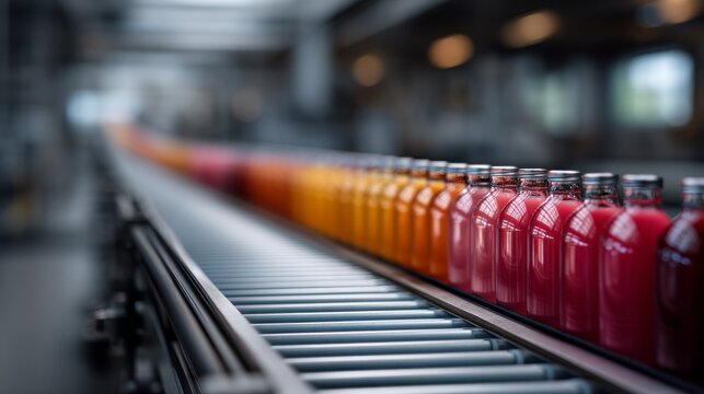 A row of vibrant beer bottles is moving smoothly on a conveyor belt within a brewery. The bottles showcase various colors, indicating diverse flavors produced during the brewing process
