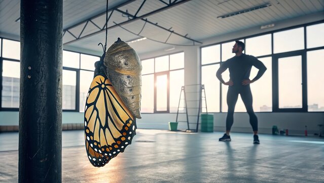 Yellow Butterfly Emerging from Chrysalis in Modern Gym