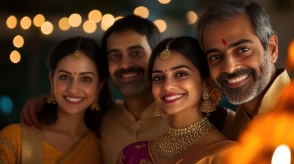 Fototapeta premium happy indian family celebrating diwali festival together