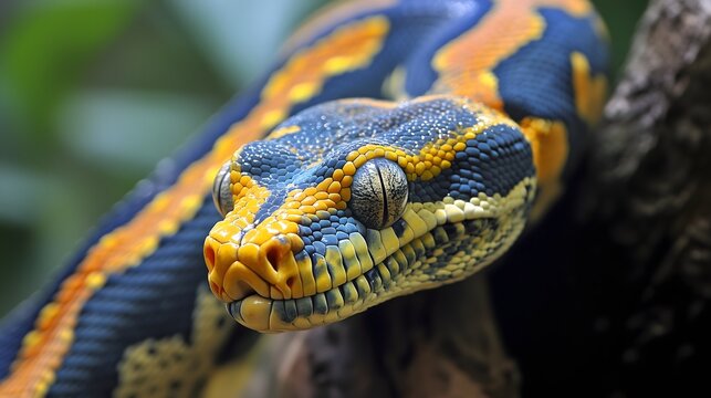 Close-up of colorful ball python resting on tree branch