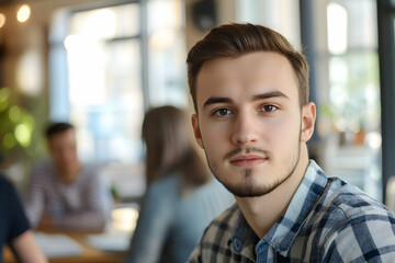Obraz premium Portrait of Young Man in Casual Checkered Shirt in Modern Cafe