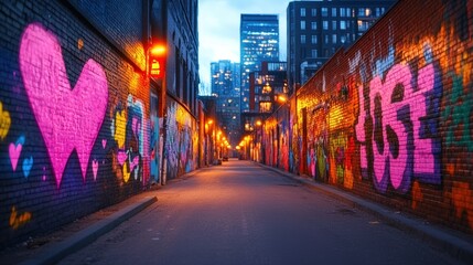 Curtains Colorful graffiti art adorns the brick walls of a narrow city alley at dusk creating urban expression.