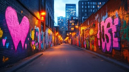 Photo sur Plexiglas Colorful graffiti art adorns the brick walls of a narrow city alley at dusk creating urban expression.