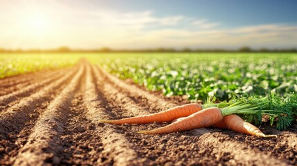 Freshly harvested carrots rest on tilled soil in a field at sunset showcasing farm to table freshness.