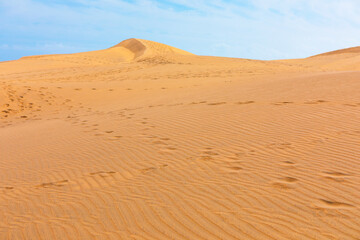 Vast desert landscape with rolling sand dunes stretching under blue sky, featuring prominent dune peak. Sand with subtle ripples and scattered footprints, emphasizing the untouched nature