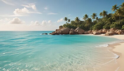 Fototapeta premium Golden sand, turquoise water, lush island backdrop, sand, summer, scenery