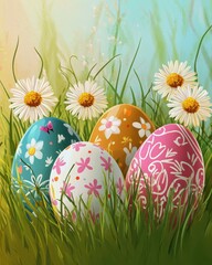 Adorable Spring Scene: Colorful Easter Eggs Nestled in Grass Surrounded by Daisies for Festive Card or Holiday Hunt