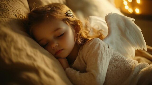 A young child rests peacefully with angel wings, snuggled up in a warm bed surrounded by soft blankets. Gentle light creates a serene and magical atmosphere in the room
