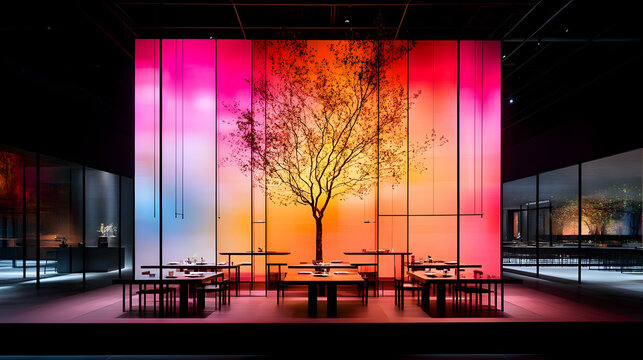 Modern dining experience with vibrant, colorful panels