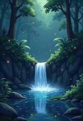 Naklejka premium Lo-fi Night Jungle Illustration with Waterfall and Fireflies, Minimalist Anime-Style Composition Evoking Calm and Solitude 