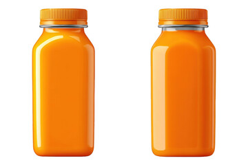 Two orange juice bottles studio shot on fresh healthy drink product packaging design mockup template on transparent background