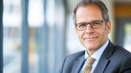 Fototapeta premium Portrait of a confident middle-aged businessman wearing glasses, smiling gently, in a modern office setting with a blurred background. : Generative AI