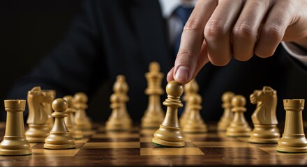 Businessman Making a Strategic Move with Chess Piece on the Board