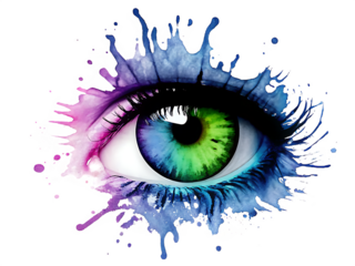 green eye closeup with splashing watercolor isolated on white background PNG