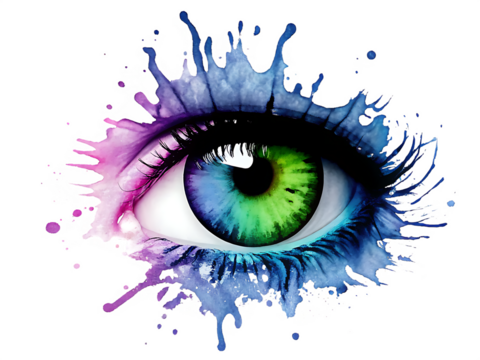 green eye closeup with splashing watercolor isolated on white background PNG