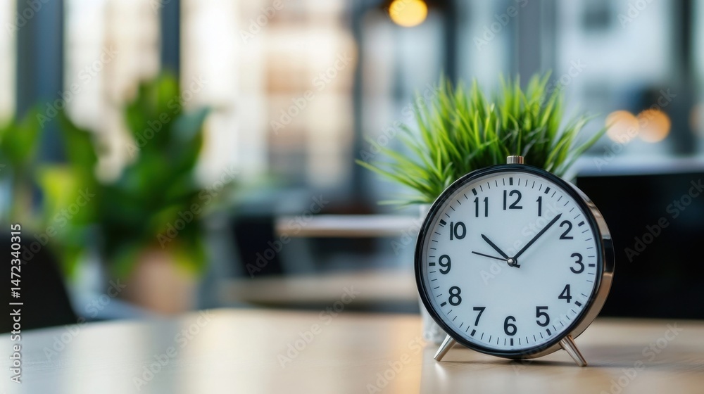 Leinwandbilder modern alarm clock showing the time on a wooden table in a bright office setting, with blurred backg