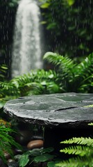 Rain falls onto a stone surface surrounded by vibrant green ferns and a soft waterfall